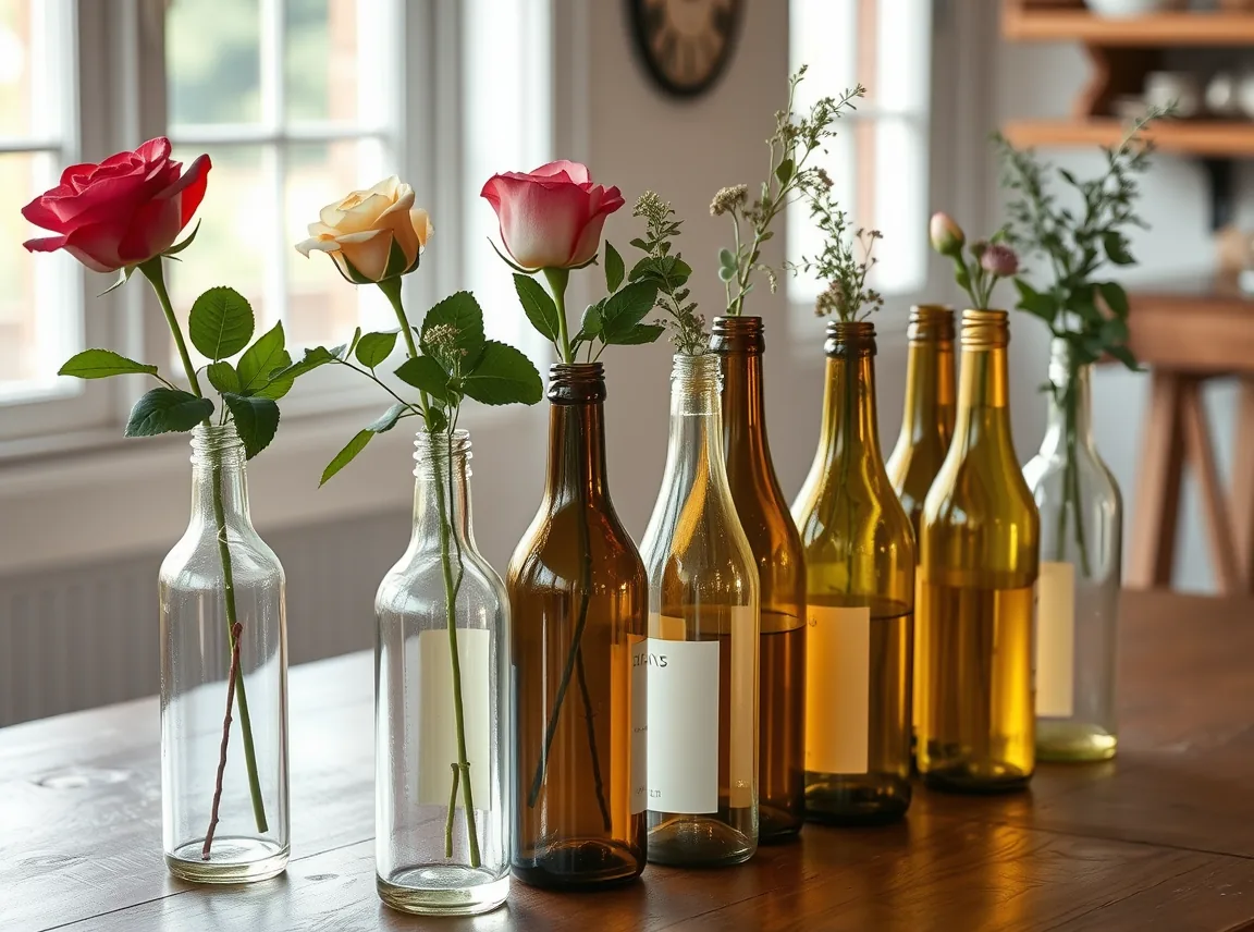 A row of clear and amber wine bottles used as bud vases, each holding a single rose or sprig of greenery, some bottles