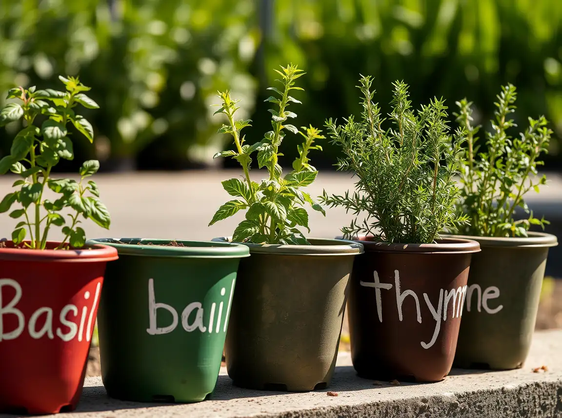 A row of garden pots each painted with a herb name like basil and thyme holding matching herb plants, useful and charming