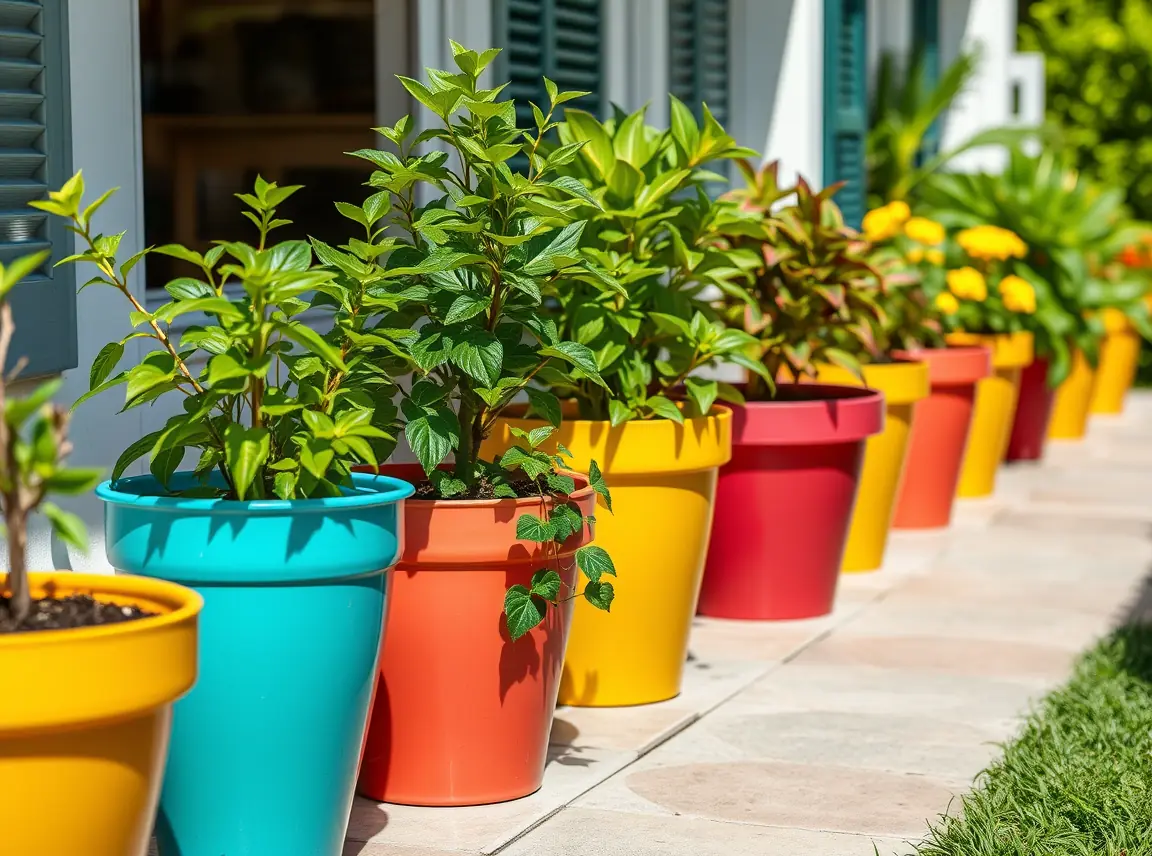 A row of garden pots painted in bright turquoise, coral, and yellow holding leafy plants along a patio, cheerful and bold