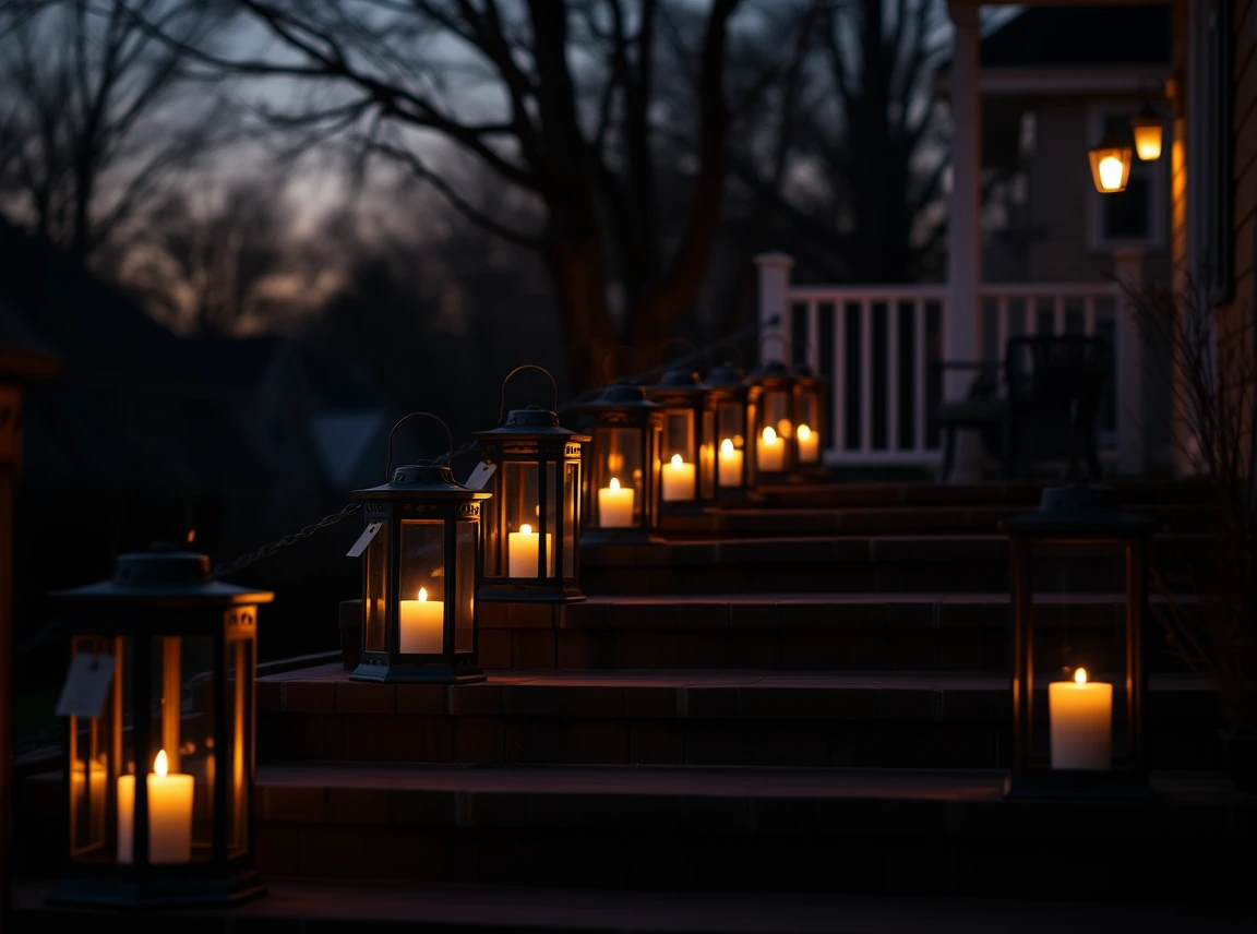 A row of lanterns with glowing candles lining backyard steps at dusk, warm flickering light, no people, landscape photo