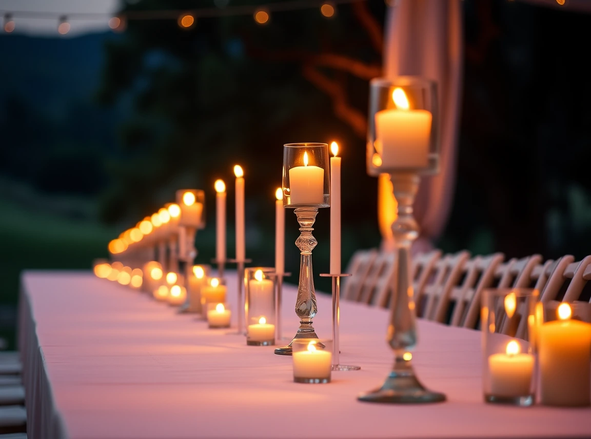 A row of pillar and votive candles glowing down the center of a wedding table, warm romantic light, no people, landscape