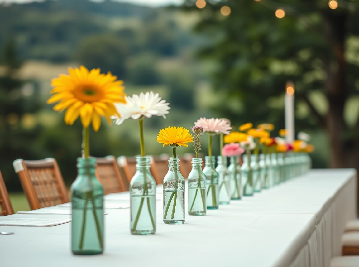 A row of small glass bottle bud vases each holding a single flower stem down a wedding table, simple and charming, no