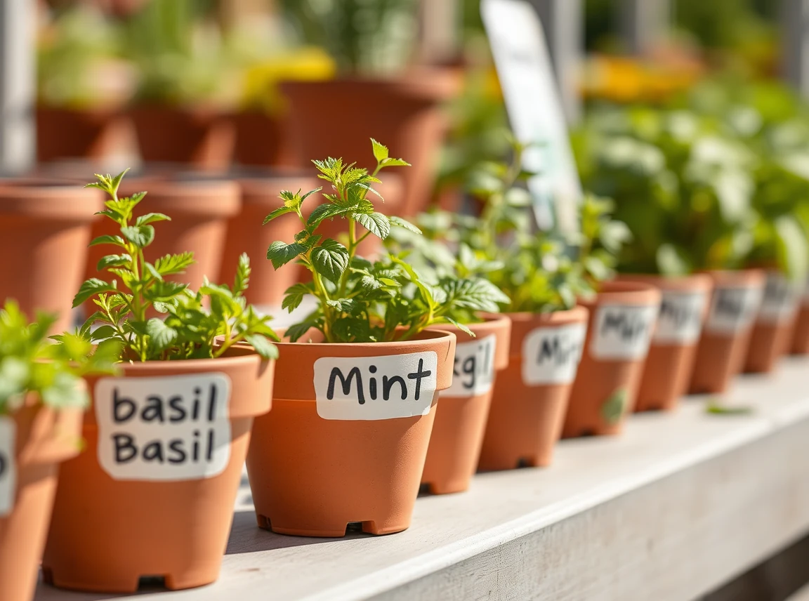 A row of terracotta pots painted with herb labels like basil and mint holding small herb plants, useful and charming, no