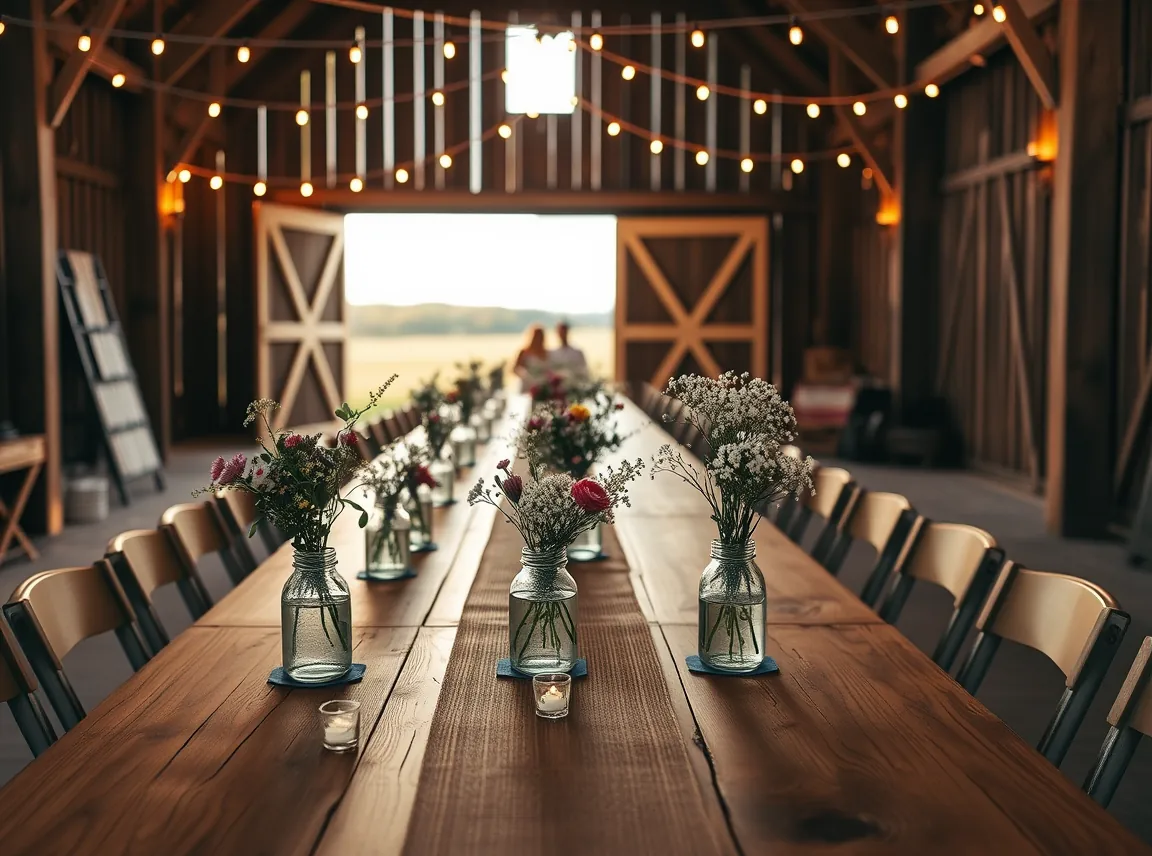 A rustic barn wedding reception with long wooden farm tables, mason jars filled with wildflowers and baby's breath, burlap