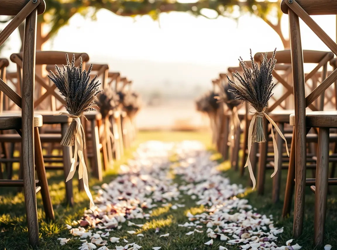 A rustic outdoor wedding aisle lined with wooden chairs, each end tied with small bunches of dried lavender and wheat with