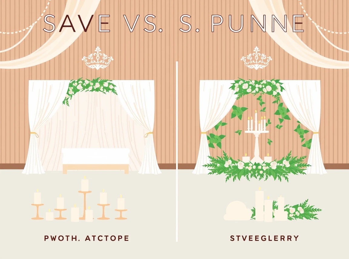A save versus splurge wedding decor guide showing where to spend on a focal backdrop and where to save with candles and