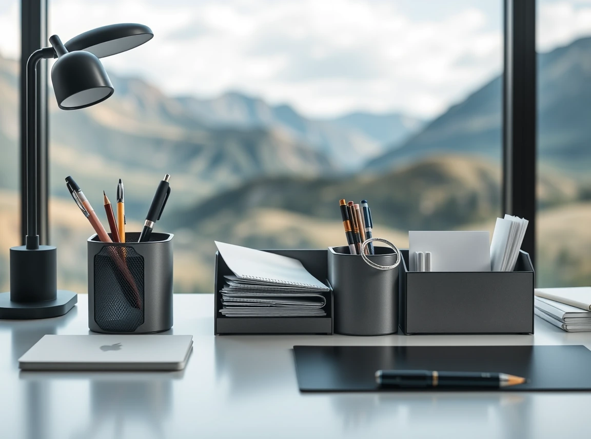 A set of matching desk organizers holding pens, papers, and supplies on a tidy desk, sleek and coordinated, no people