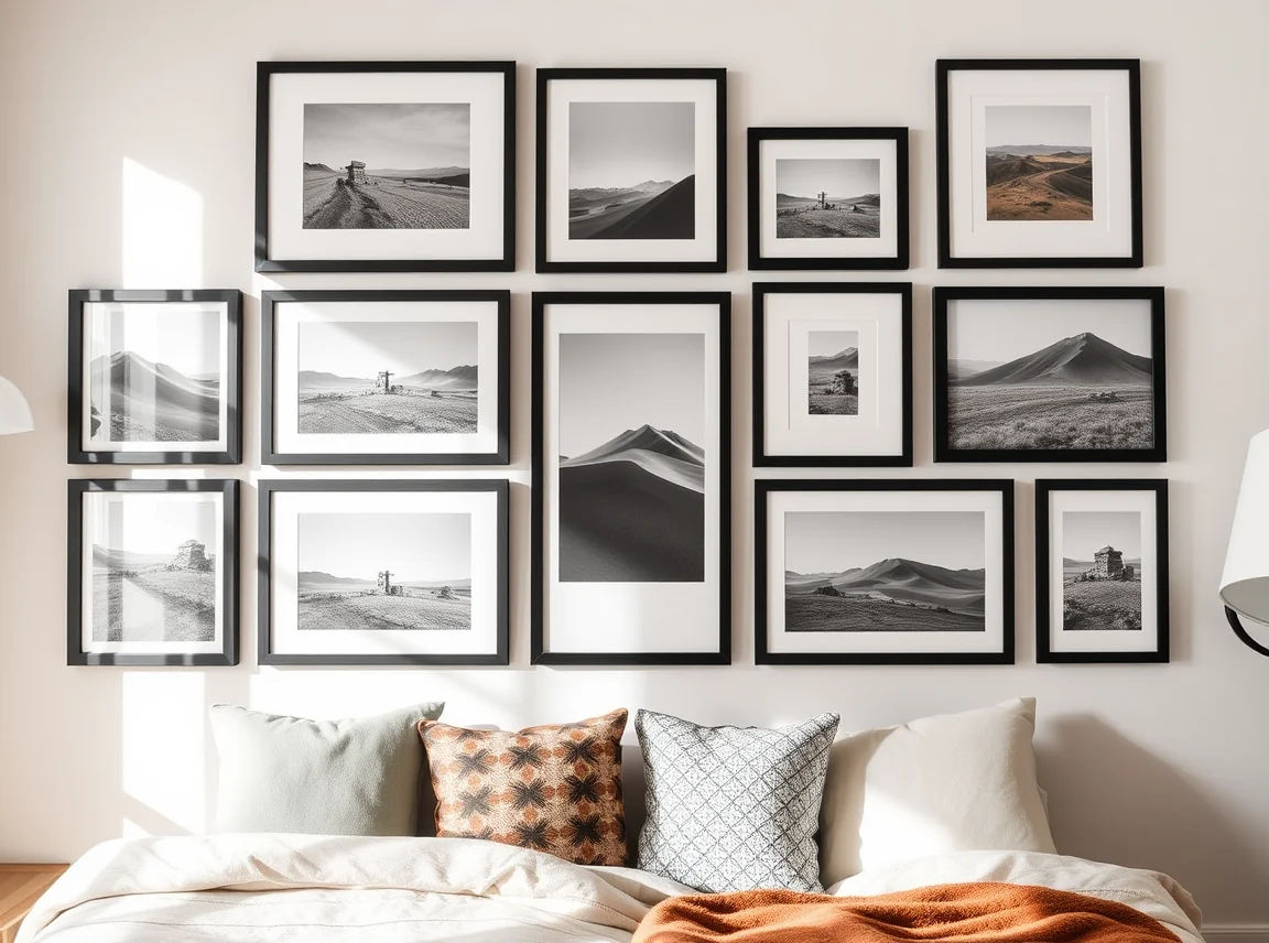 A shared gallery wall with framed photos and prints from different roommates in matching frames, personal and cohesive, soft