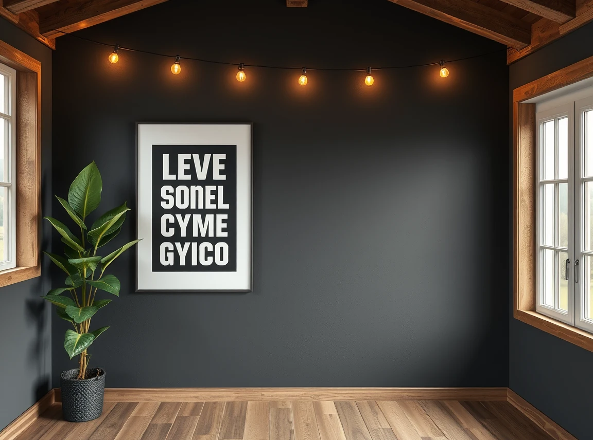 A shed gym accent wall painted deep charcoal with a bold motivational poster, a leafy plant in the corner, string lights
