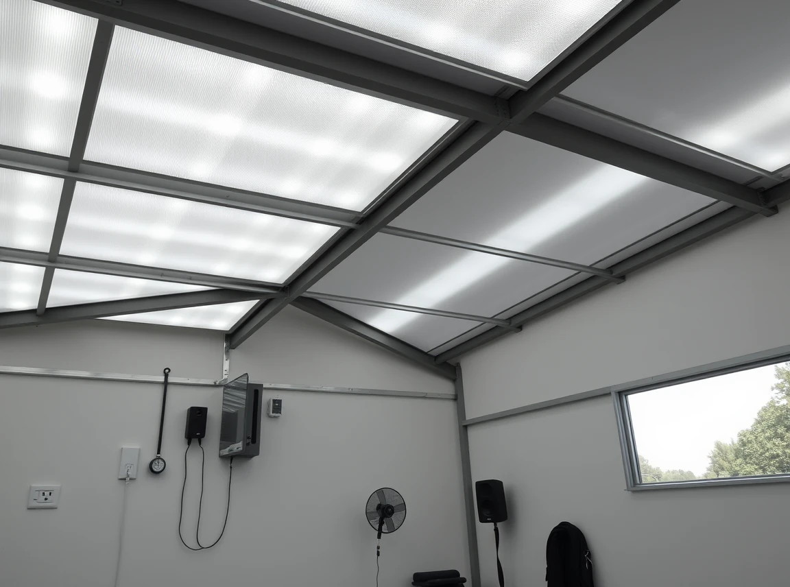 A shed gym interior lit with bright white LED ceiling panels, electrical outlets on the wall powering a fan and speaker