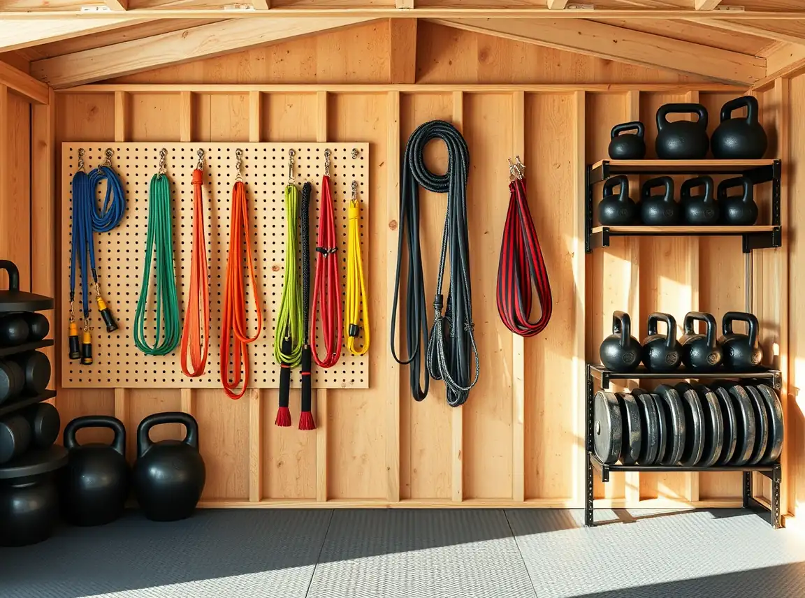 A shed gym wall fitted with a pegboard holding resistance bands and jump ropes, sturdy shelves with kettlebells, and a rack