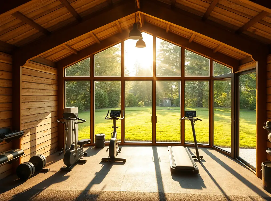 A shed gym with large windows and a glass door letting in bright morning sun, gym equipment glowing in the natural light