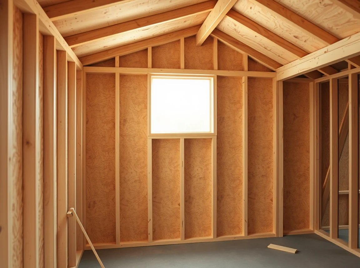 A shed wall being fitted with foam board insulation panels between the studs, half finished with plywood covering, bright