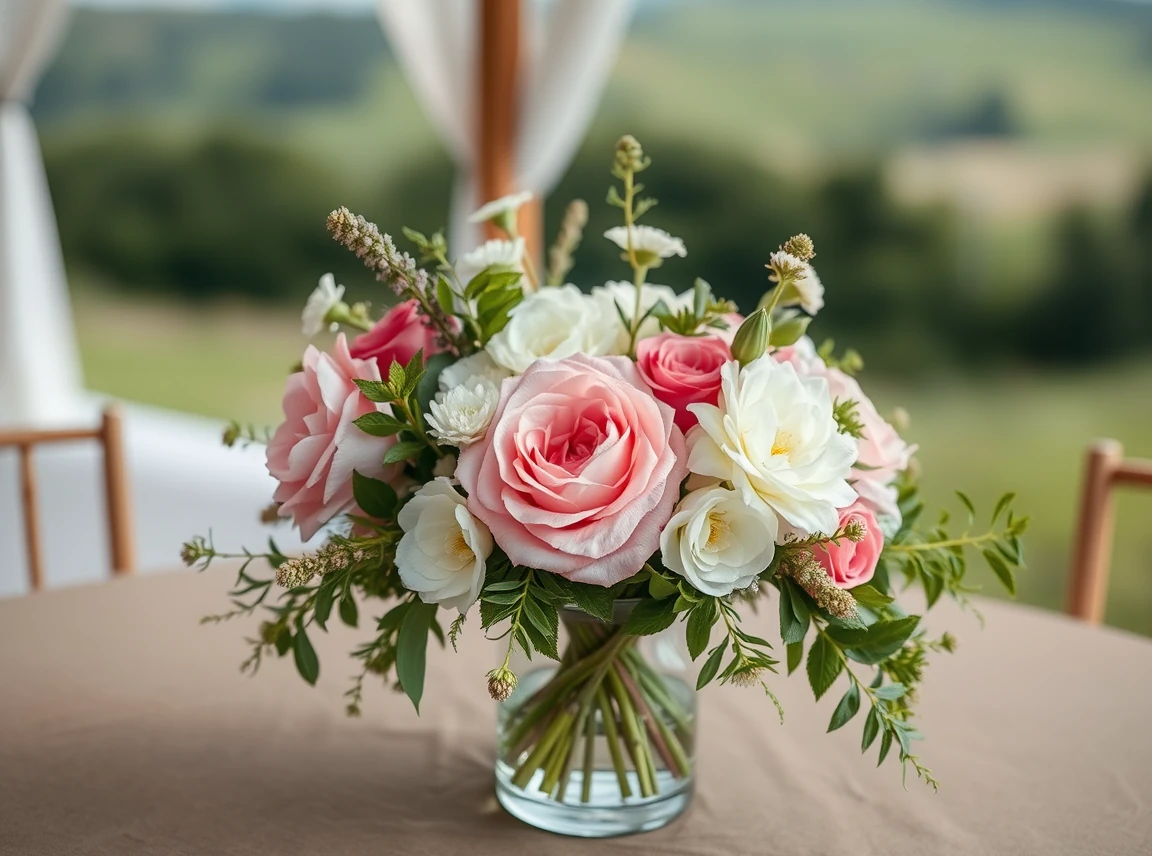 A simple wedding centerpiece of in-season flowers and greenery in a glass vase on a table, fresh and elegant, no people