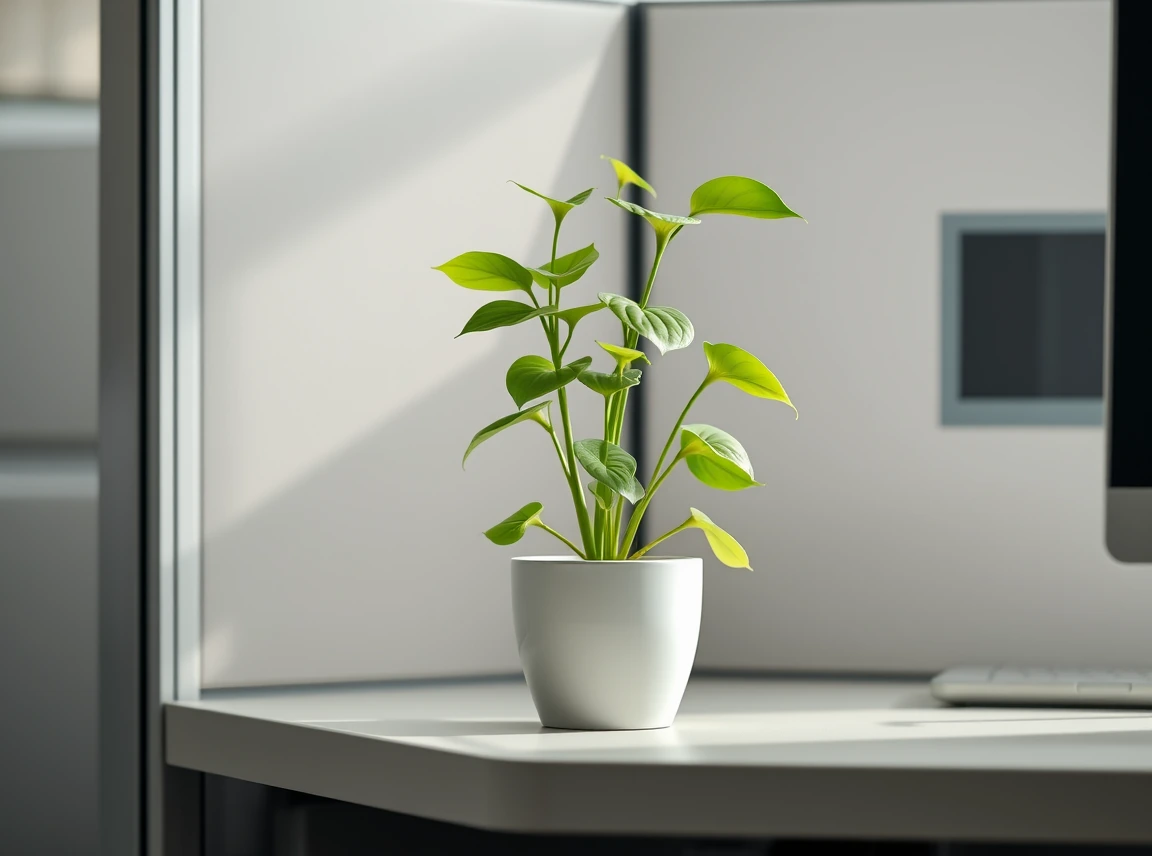 A single healthy pothos plant in a simple ceramic pot on a cubicle desk, fresh green accent, no people, soft natural light