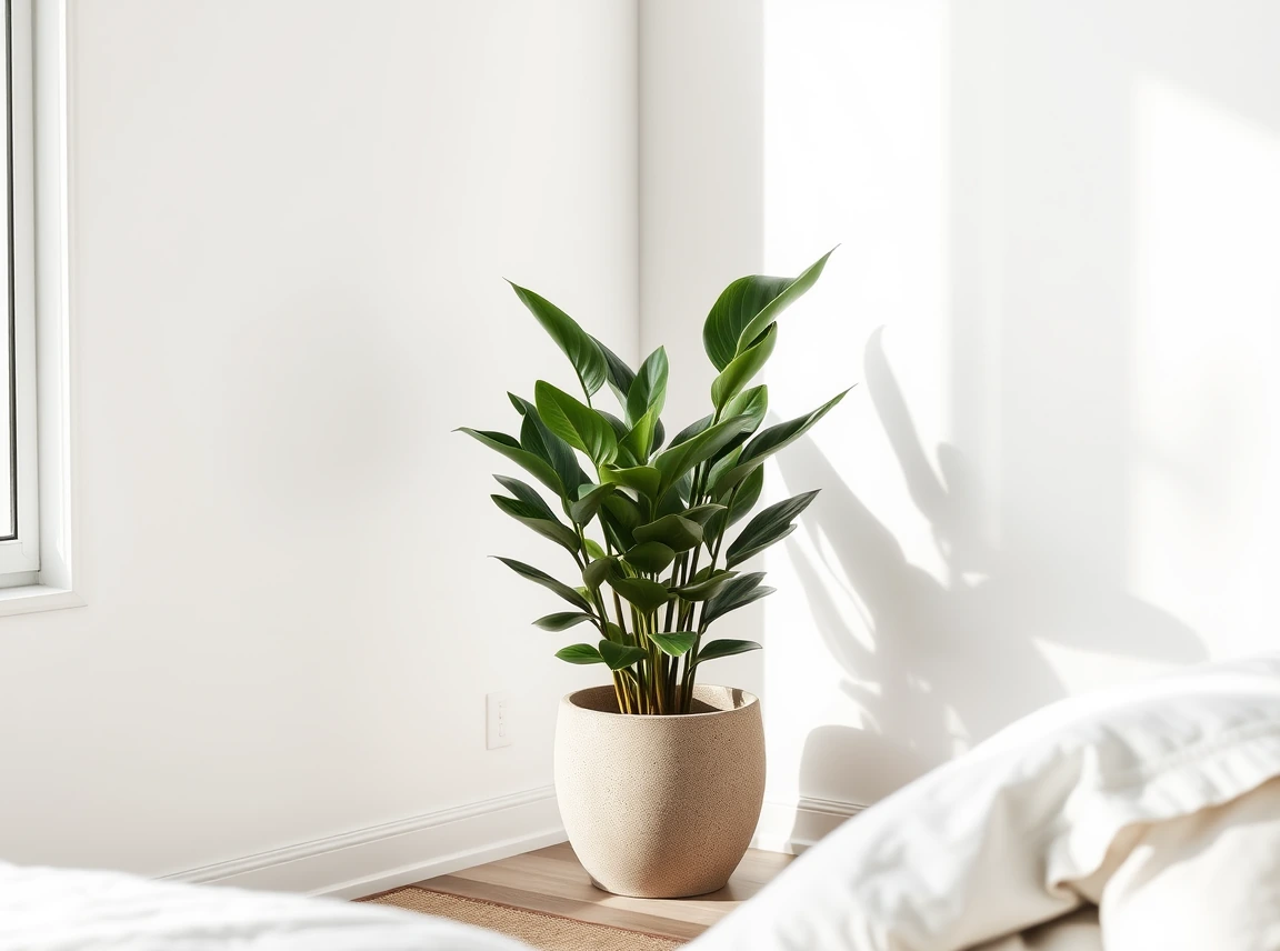A single statement plant in a simple ceramic pot in a corner of a neutral dorm room, fresh and calming, soft daylight