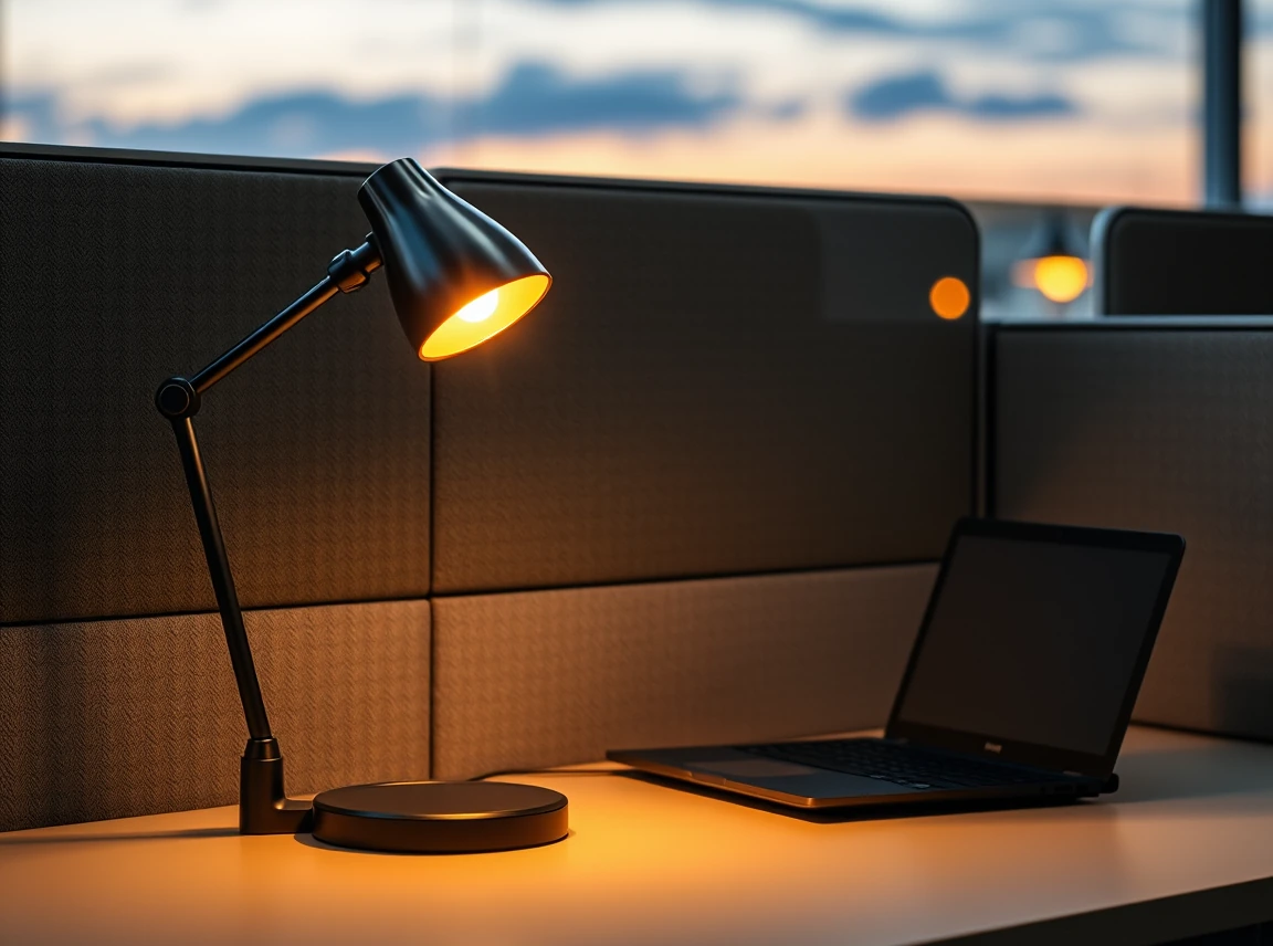 A sleek desk lamp with a warm glow on a cubicle desk beside a laptop, cozy warm light against cool office tones, no people