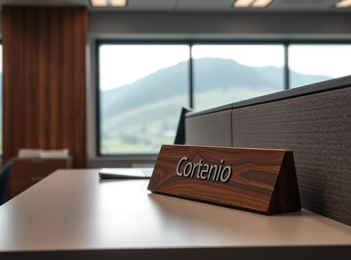 A sleek wooden nameplate on a tidy cubicle desk, professional personal detail, no people, soft light, landscape photo