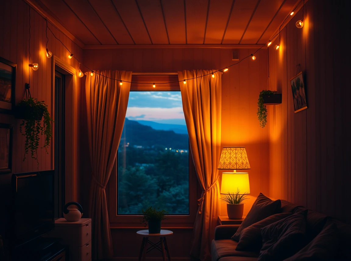 A small apartment lit by a warm floor lamp and string lights with the overhead off, cozy layered glow, landscape photo