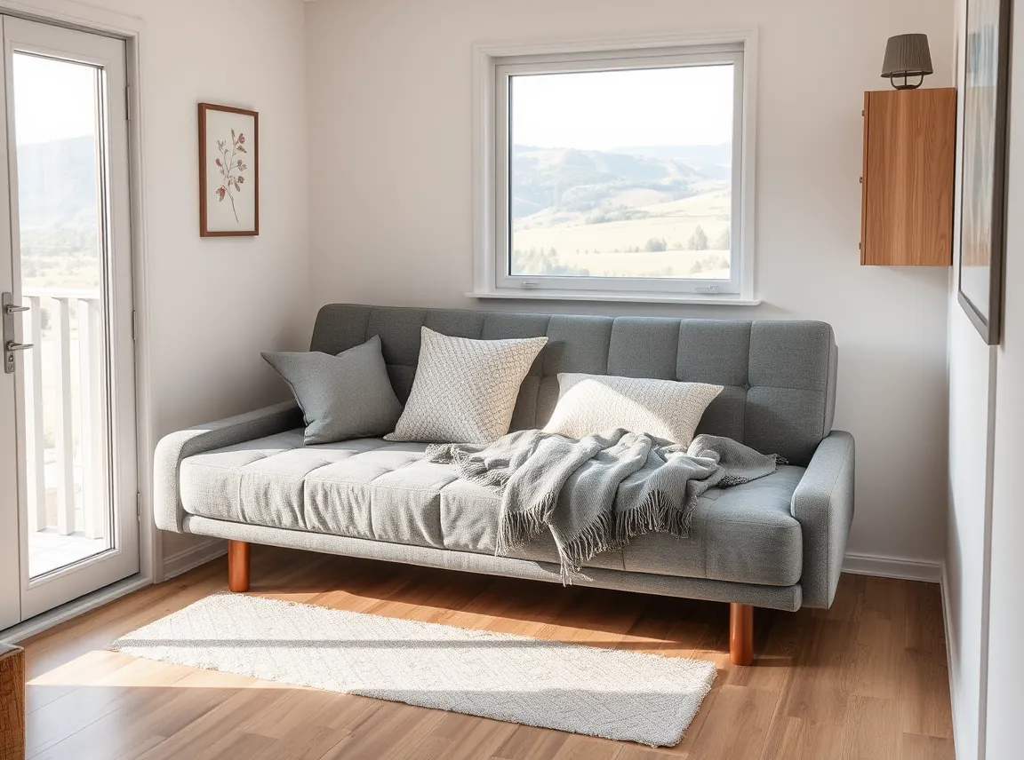 A small apartment with a gray futon that folds into a bed, space-saving and neat, soft daylight, landscape photo