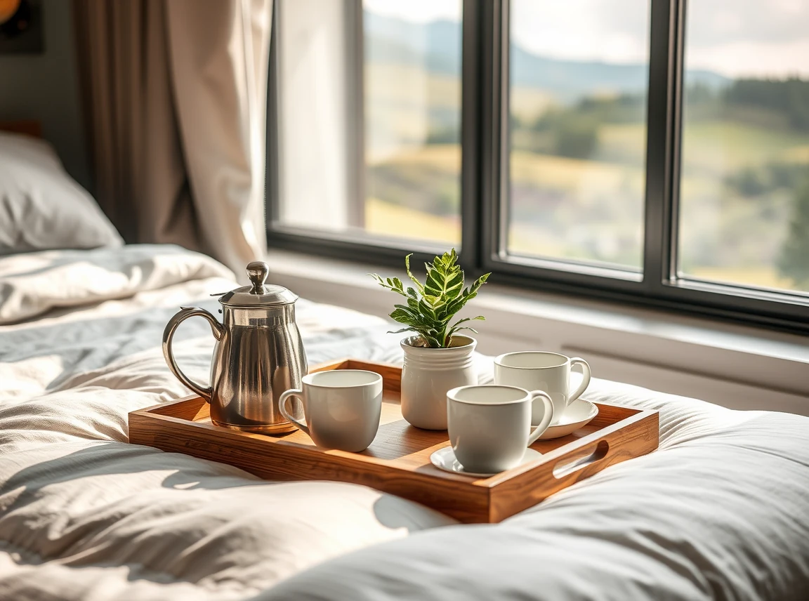 A small dorm coffee and tea station on a wooden tray with a kettle, ceramic mugs, and a small plant, tidy and inviting, warm