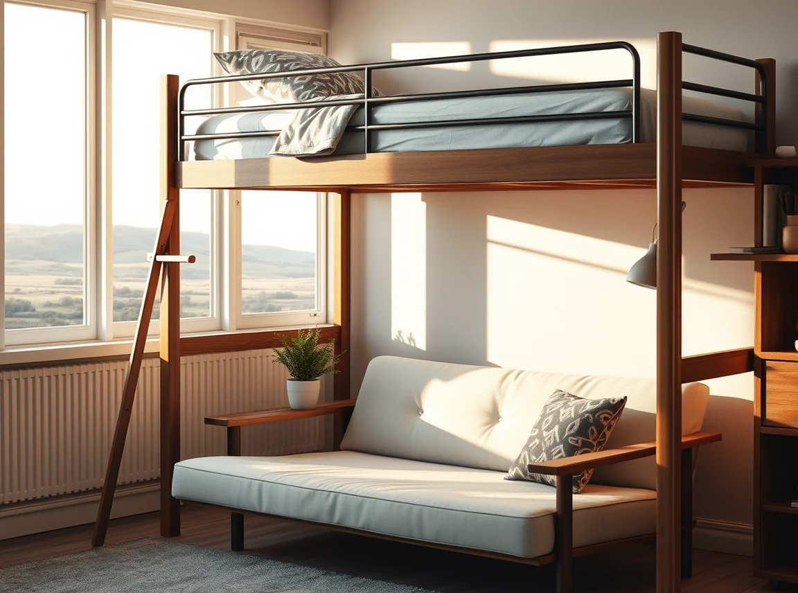 A small futon and a side table tucked under a lofted dorm bed with a throw pillow and a plant, comfortable seating zone