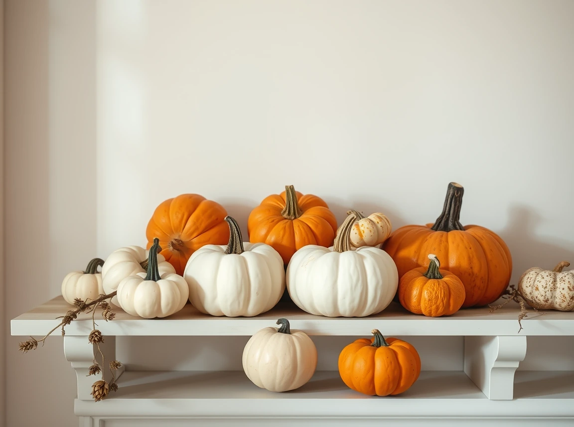 A small grouping of white and orange pumpkins and gourds on a bedroom shelf, simple and tasteful, no people, soft natural