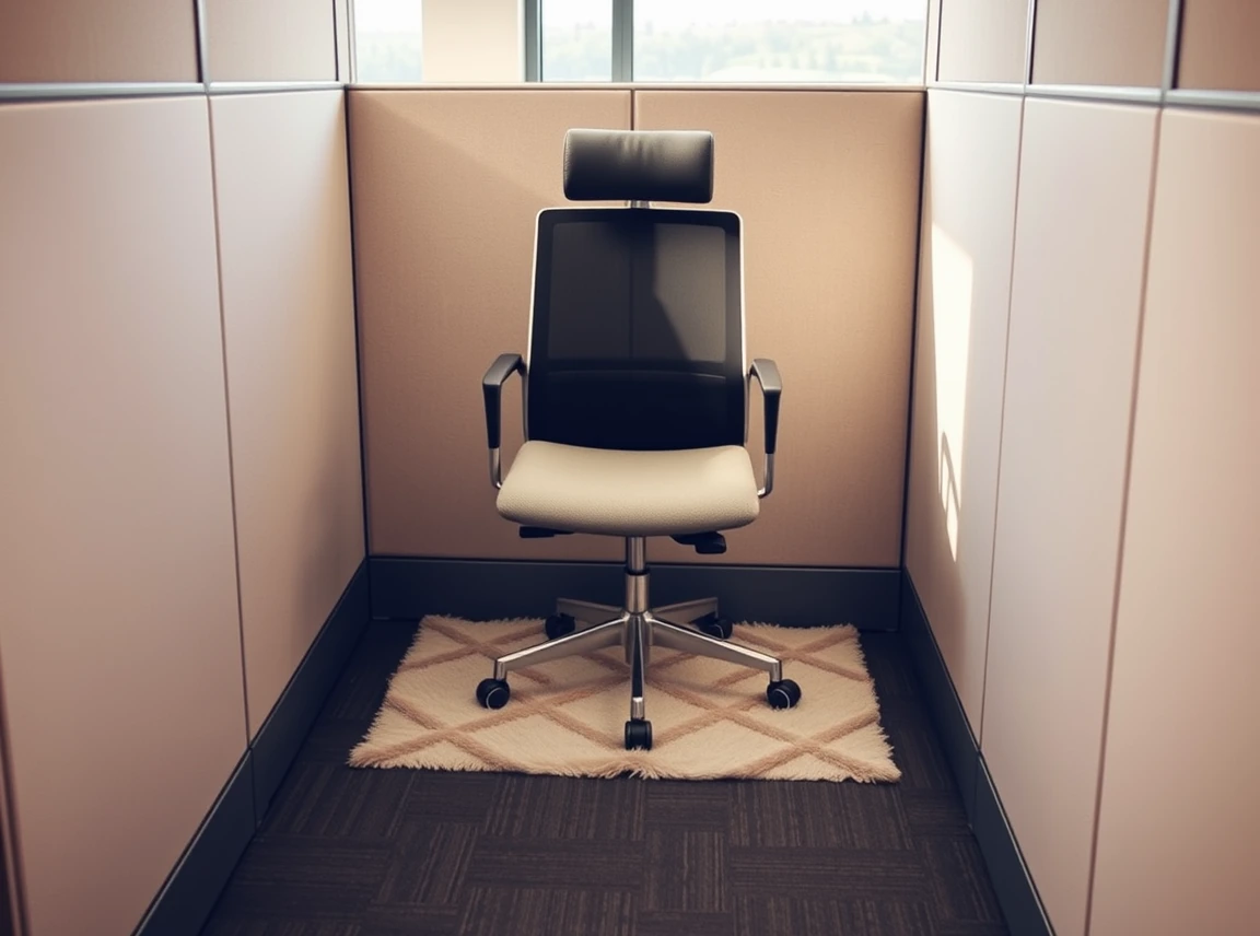 A small low-pile rug under a desk chair and a soft cushion on the seat in a cubicle, cozy and comfortable, no people, soft