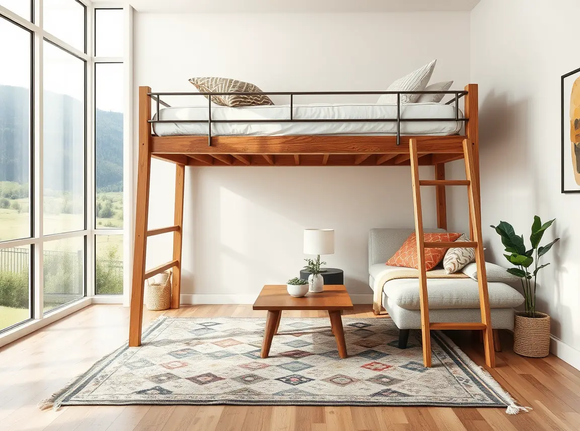A small patterned rug defining a lounge zone under a lofted dorm bed with cushions and a low table, cozy grounded space