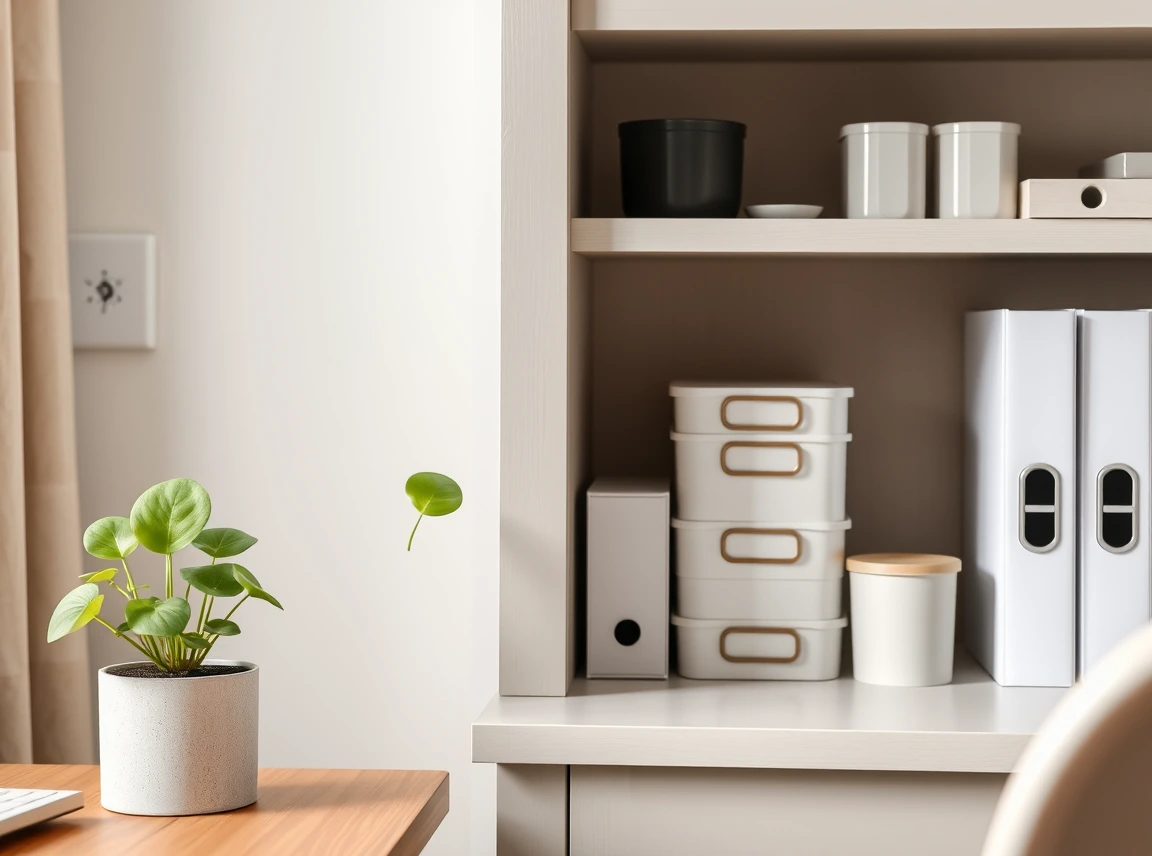 A small potted pothos plant on a desk hutch shelf beside neatly arranged supplies, fresh green accent, no people, soft