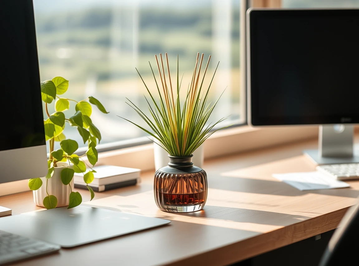 A small reed diffuser on a cubicle desk beside a plant, subtle and tidy, no people, soft daylight, landscape photo