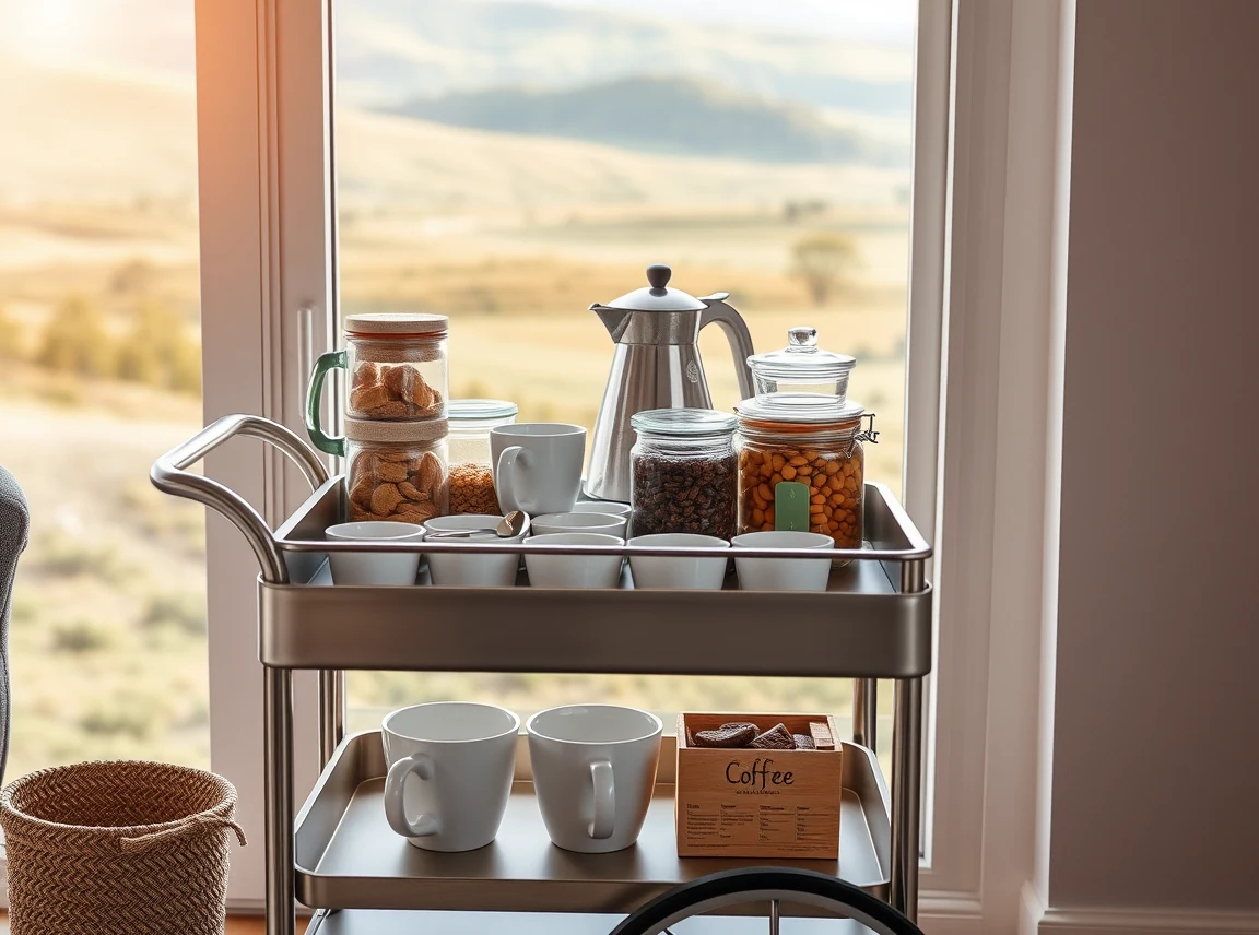 A small rolling cart set up as a coffee and snack station with mugs, a kettle, and jars of treats, tidy and inviting, warm