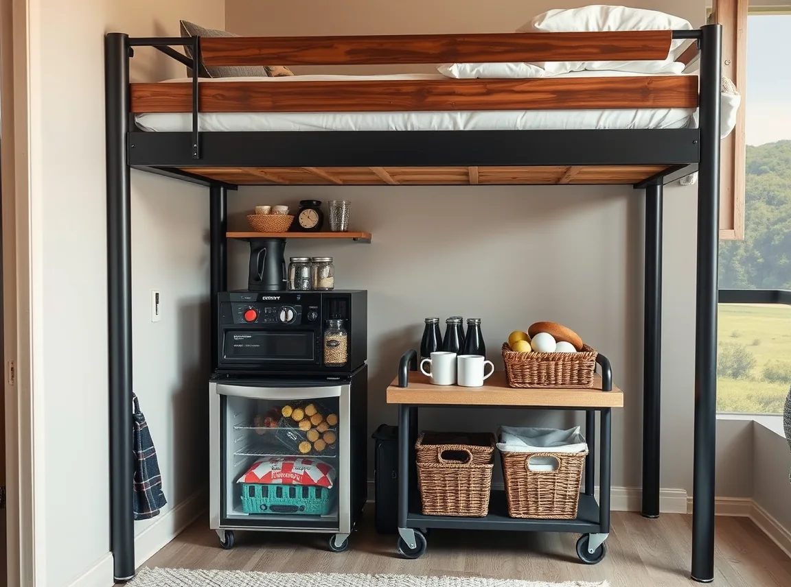 A small snack and coffee station under a lofted dorm bed with a mini fridge, kettle, mugs, and baskets on a cart, tidy and