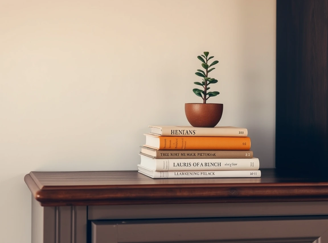 A small stack of books on a hutch shelf with a tiny plant resting on top, used as a riser and decor, no people, warm