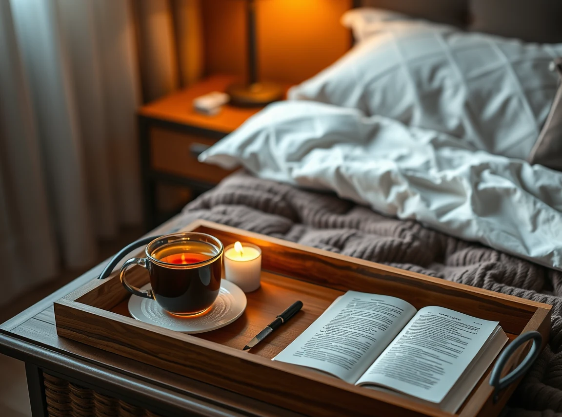 A small tray with a warm mug of tea, a book, and a candle on a bedroom nightstand, cozy and inviting, no people, soft warm