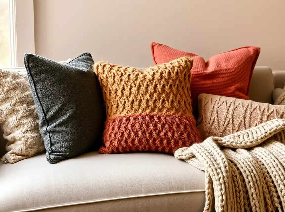 A sofa layered with mixed-texture throw pillows in warm fall tones and a chunky knit blanket, cozy and inviting, no people