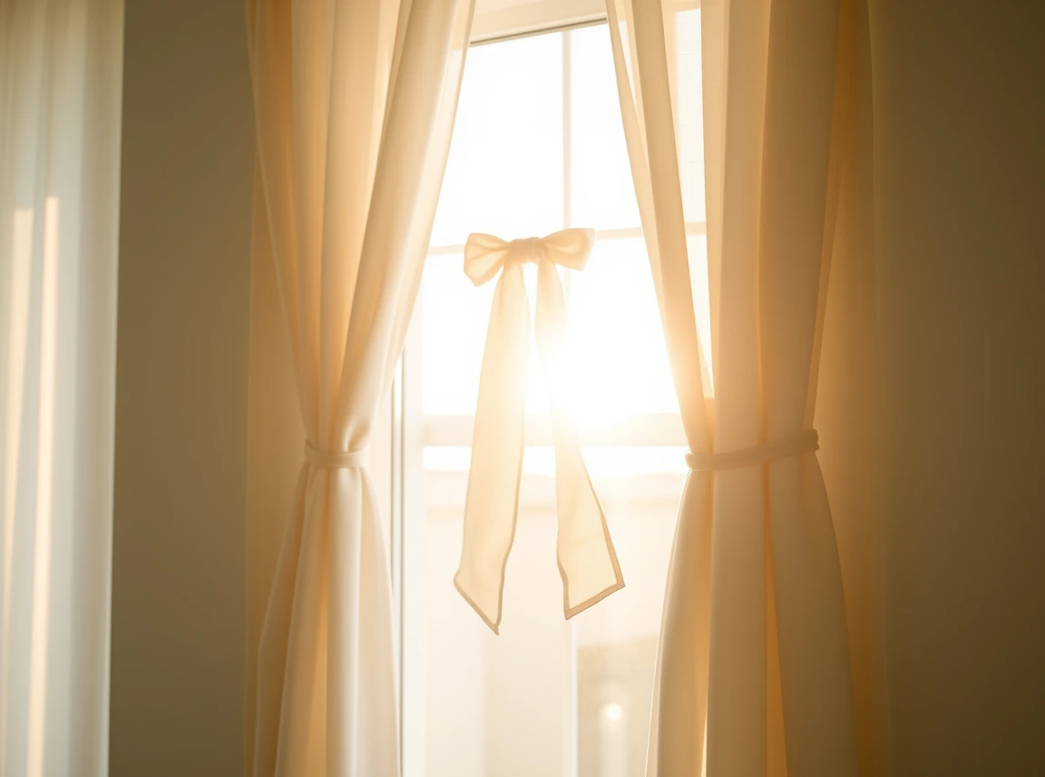 A soft ribbon bow tied around a white curtain tieback near a sunny window, delicate and charming, bright morning light