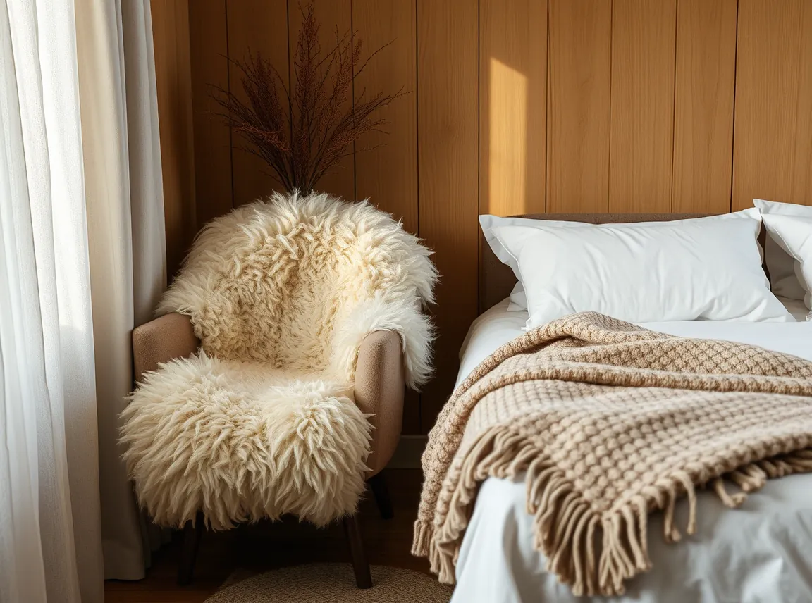 A soft sheepskin draped over a chair and a wool blanket folded on a bed in a warm bedroom, cozy natural textures, no people