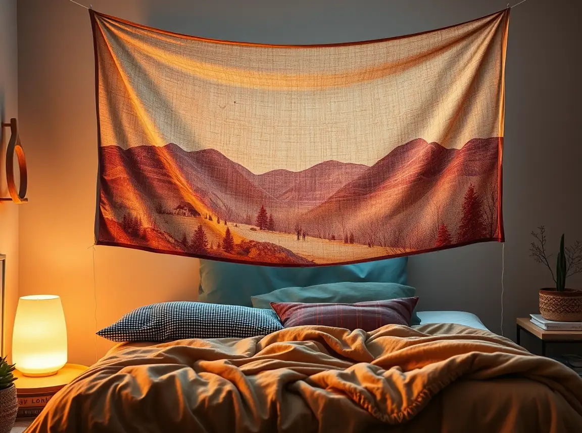 A soft textured fabric tapestry with a warm boho print hanging above a cozy dorm bed, layered blankets below, warm lamp