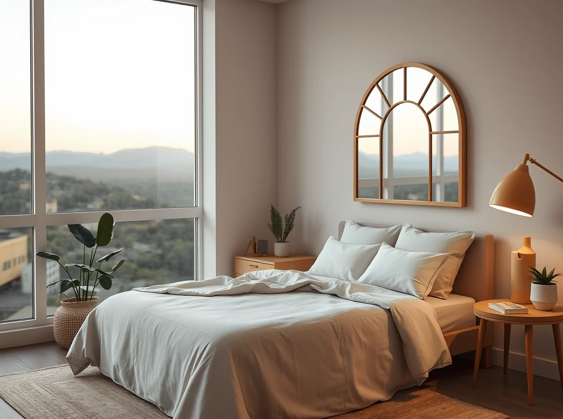 A sophisticated dorm room with a neutral linen bed, a warm ceramic table lamp, an oversized arched mirror, a small area rug