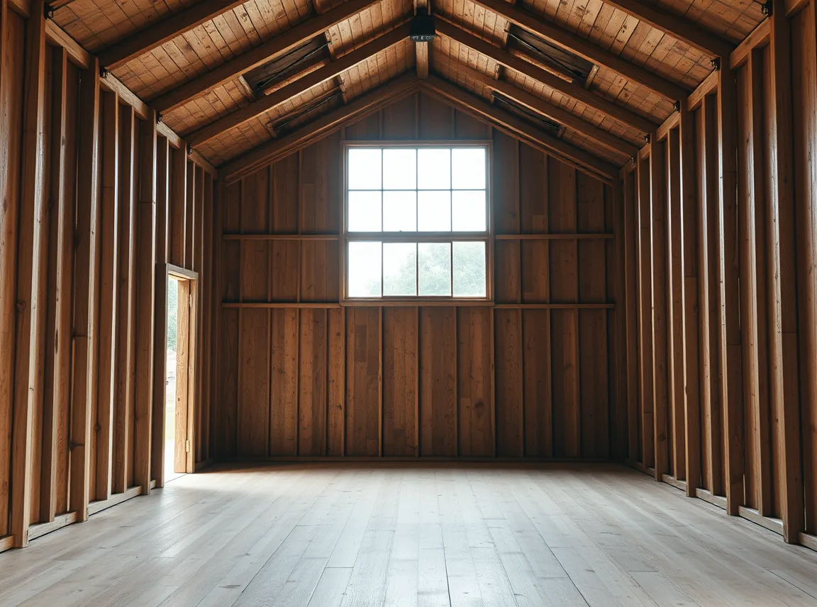 A spacious empty wooden shed interior with tall walls and a clean floor, ready to be converted into a gym, bright daylight