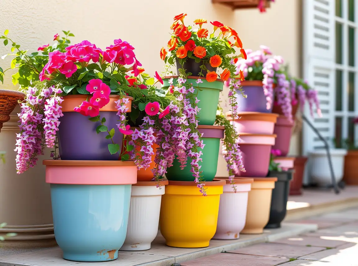 A stacked tower of painted pots in matching colors holding cascading flowers on a patio, space-smart and colorful, no