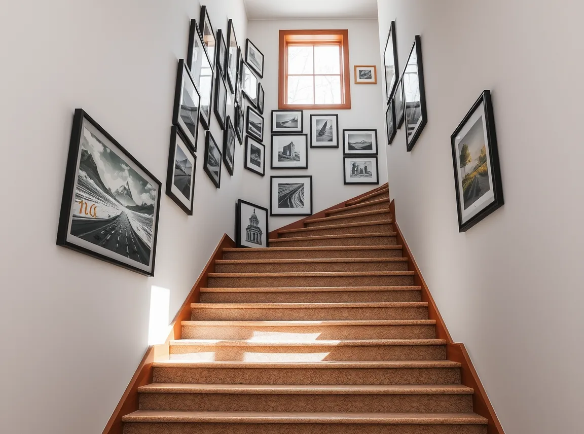 A staircase corner with framed art climbing the wall in an ascending stair-step pattern following the steps, mixed frames