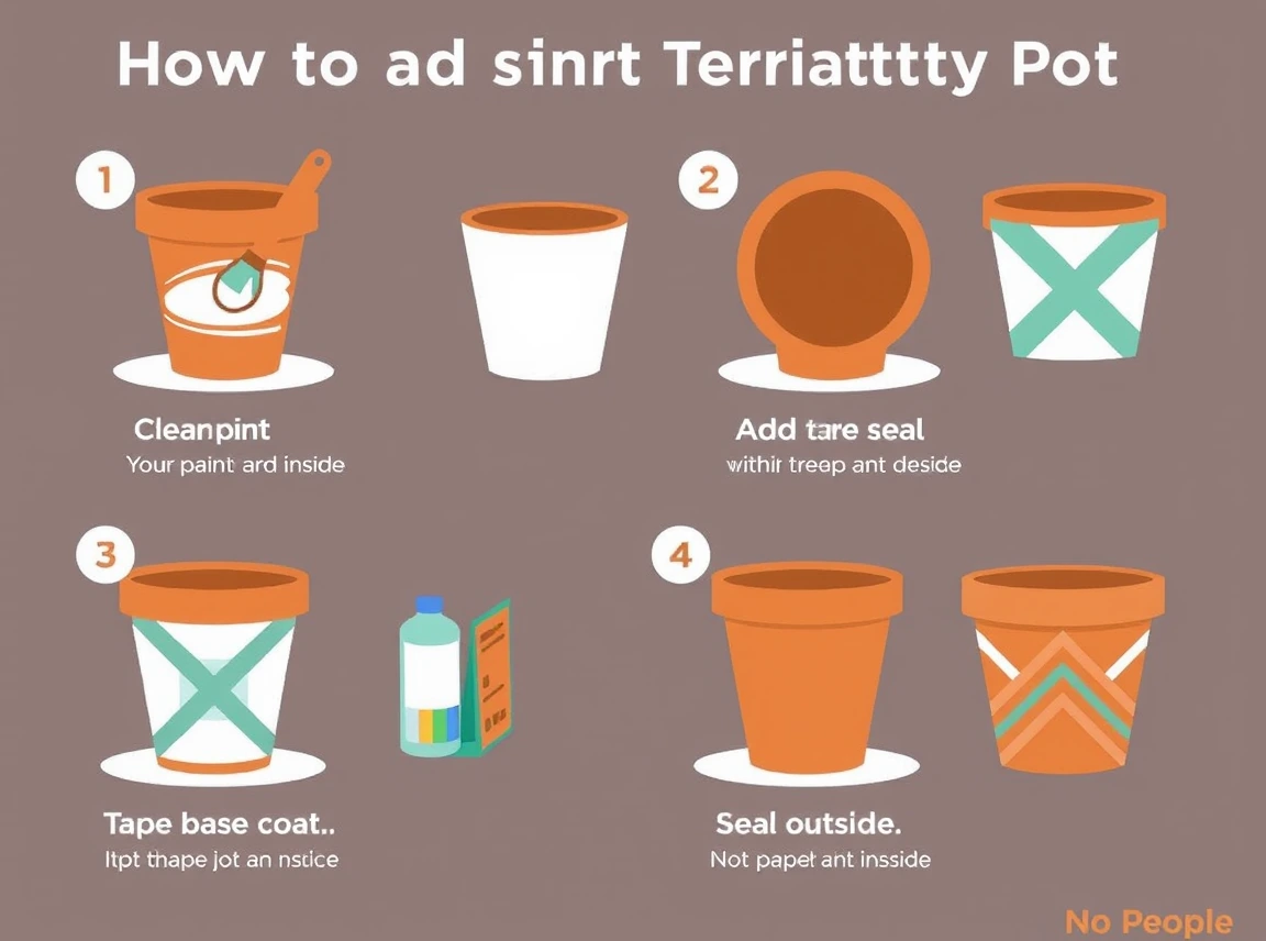 A step-by-step guide showing how to prep and paint a terracotta pot, clean the pot, seal the inside, add a base coat, tape a