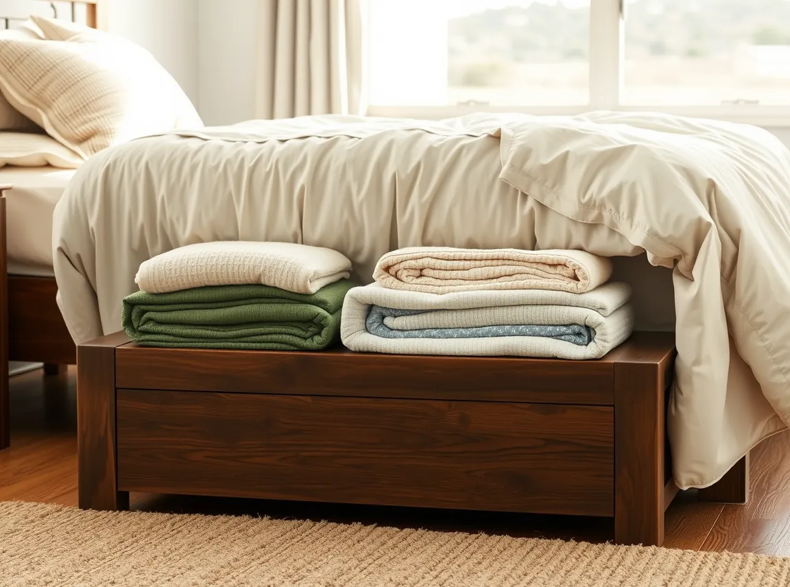 A storage bench at the end of a bed holding folded blankets, tidy and functional, soft morning light, landscape photo