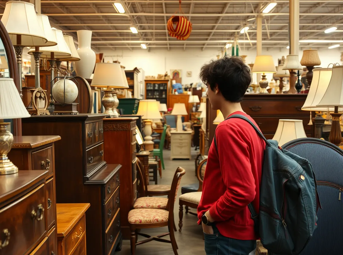 A student browsing a thrift store filled with used dressers, chairs, and lamps, hunting for budget furniture, bright store