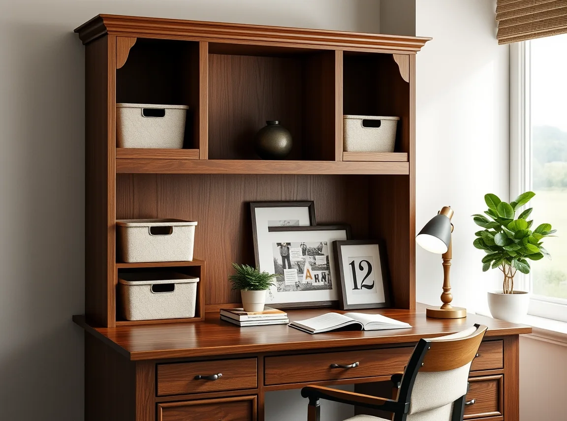 A styled desk hutch above a wood desk with neat storage bins, a small stack of books, a potted plant, a framed print, and a