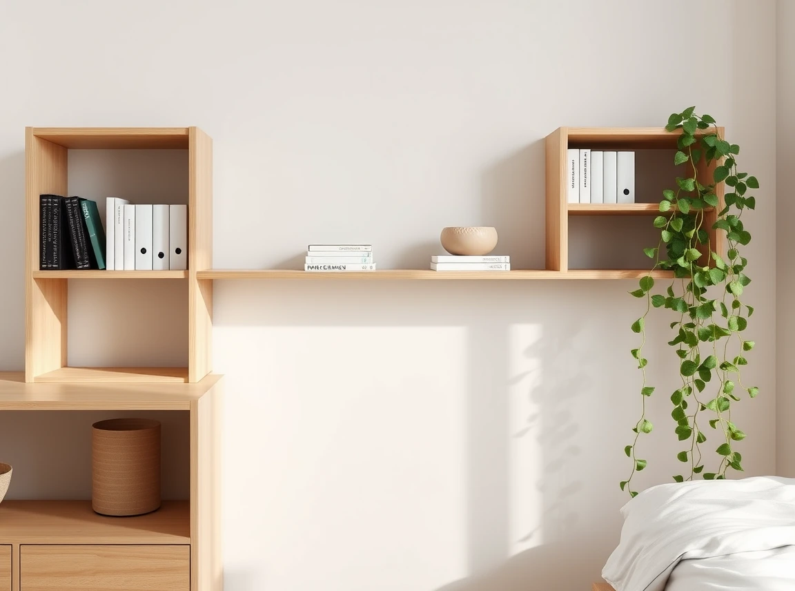 A styled dorm shelf with small book stacks, a ceramic vase, and a trailing plant, plenty of negative space, calm minimalist