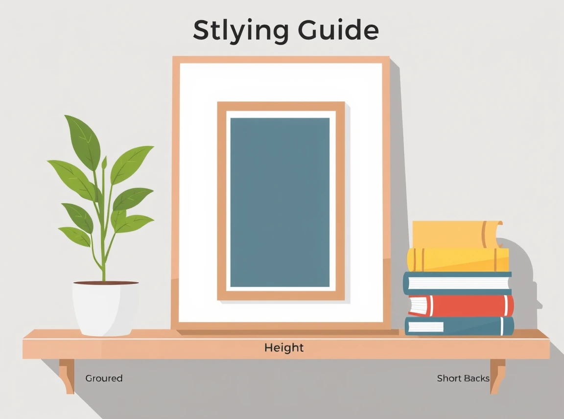A styling guide showing three grouped items on a shelf, a tall plant, a medium frame, and a short stack of books arranged by
