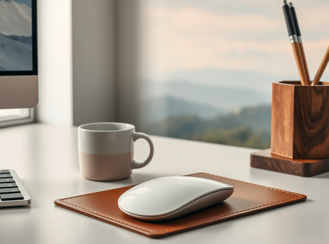 A stylish ceramic mug, a leather mouse pad, and a wooden pen cup on a desk, elevated everyday items, no people, soft light